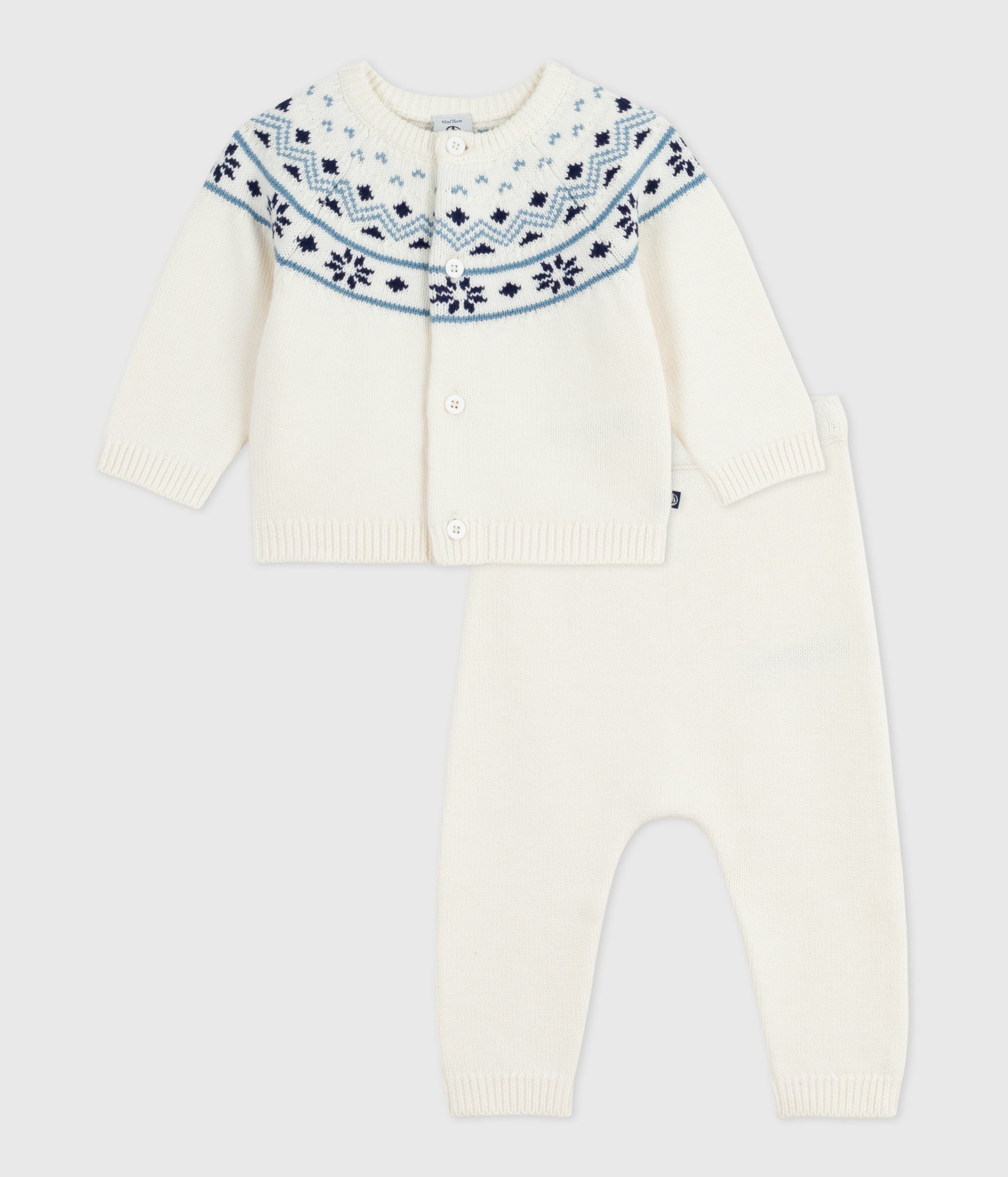 Babies' 2-piece knitted outfit with a jacquard knit cardigan