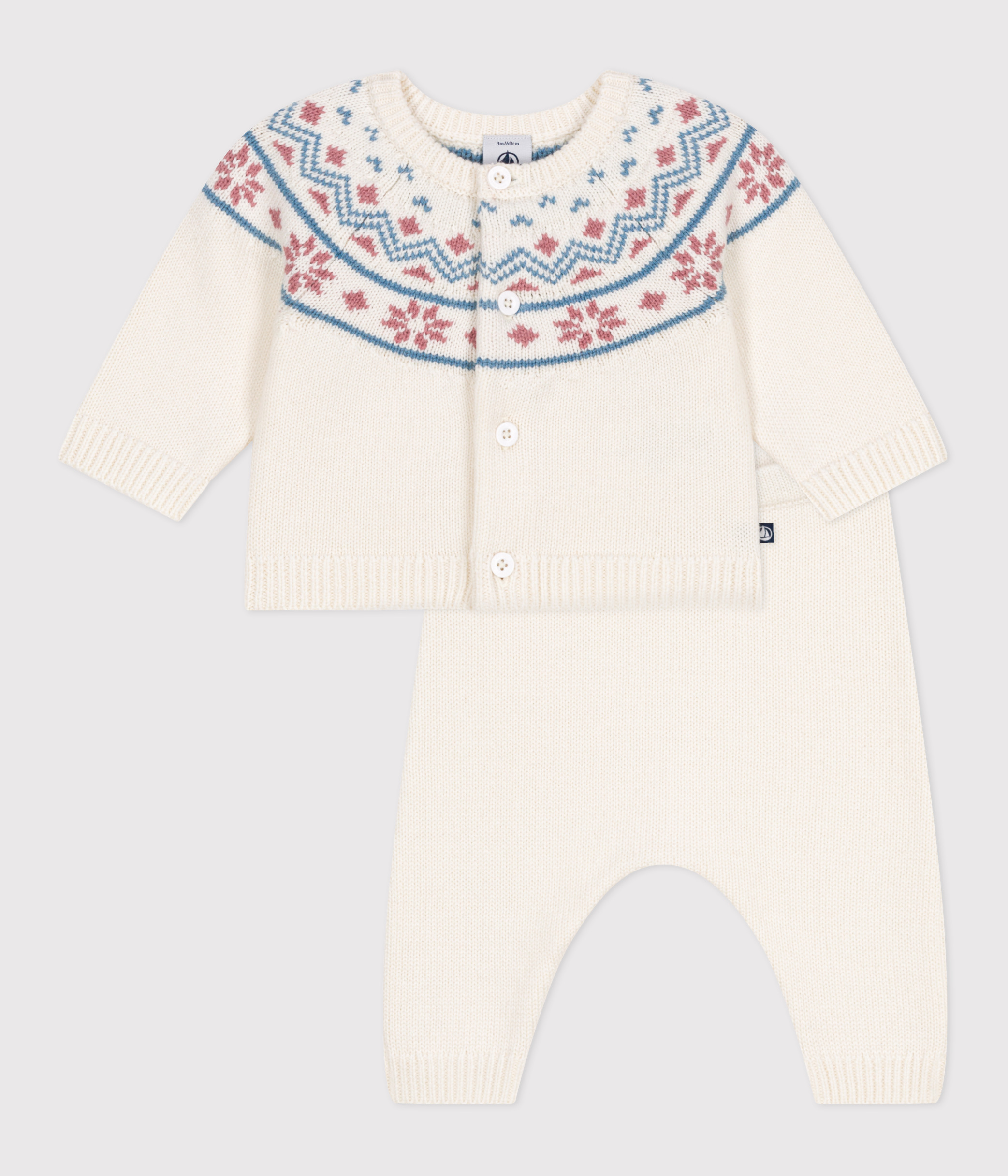 Babies' 2-piece knitted outfit with a jacquard knit cardigan