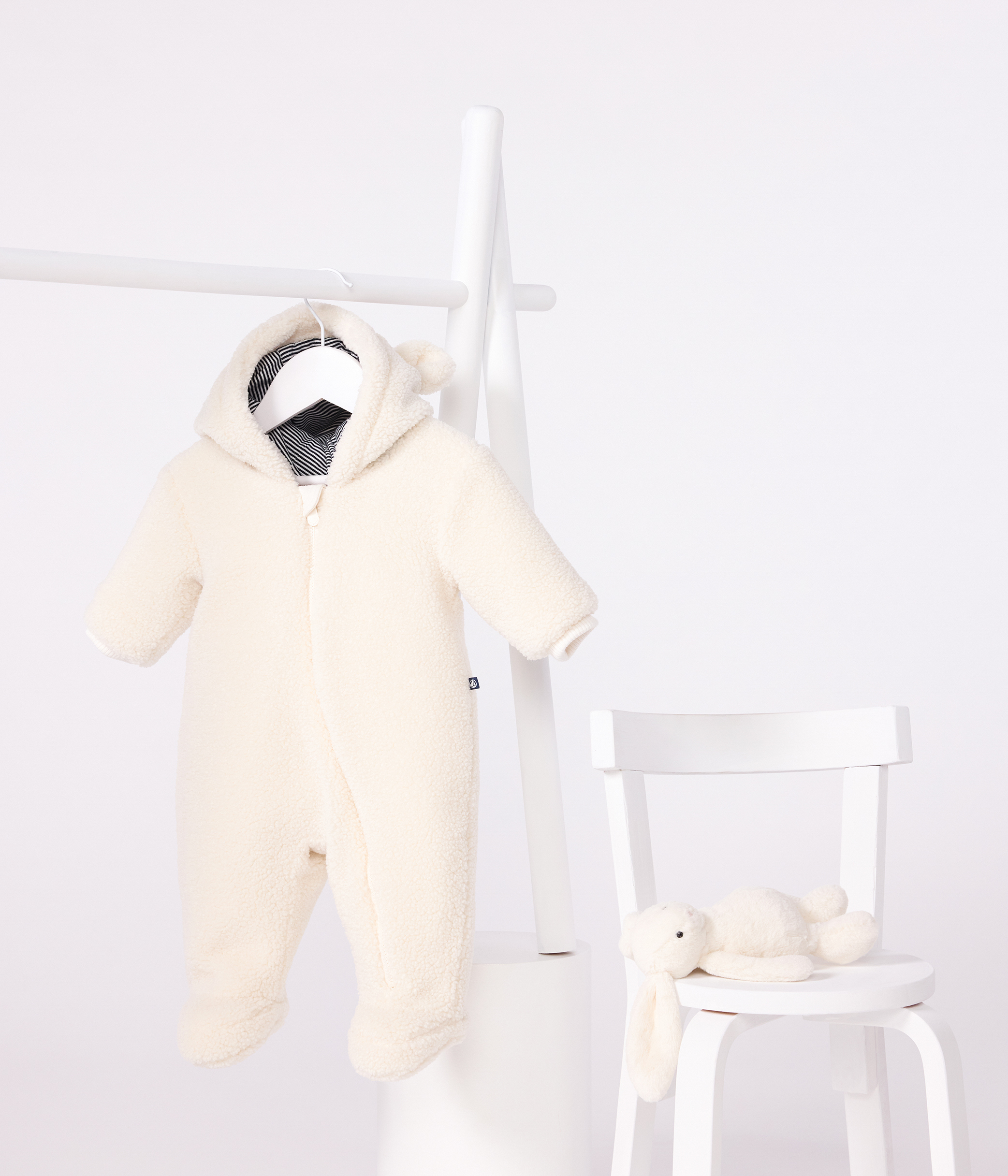 Babies' sherpa snowsuit with ears and a pinstriped lining