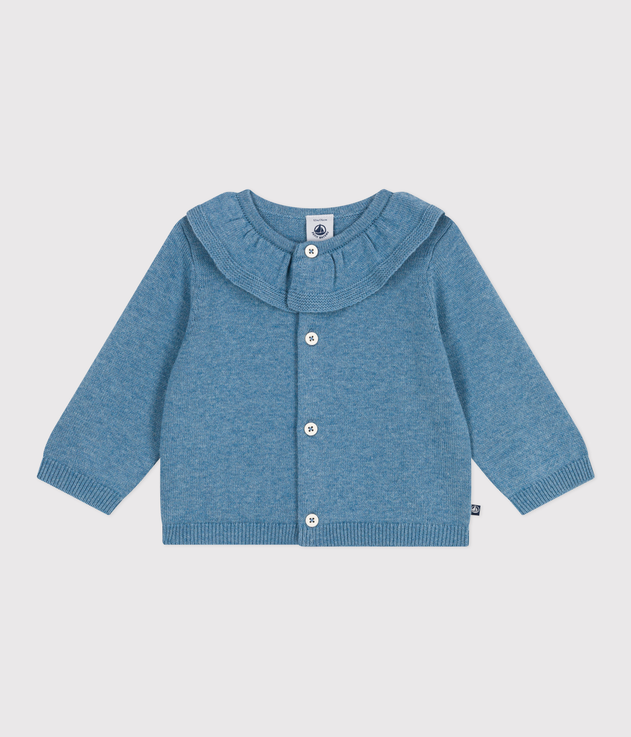 Babies' plain wool and cotton knit cardigan with a collar