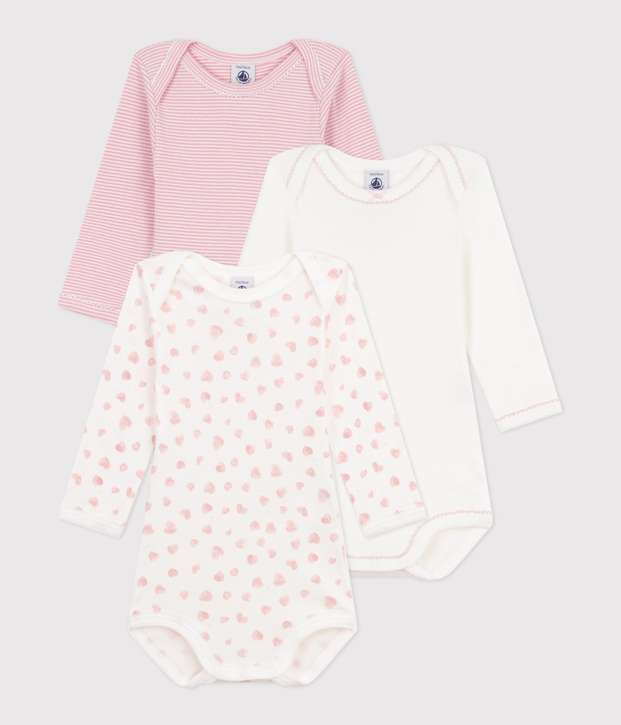 Pack of babies' long-sleeved heart-print cotton bodies