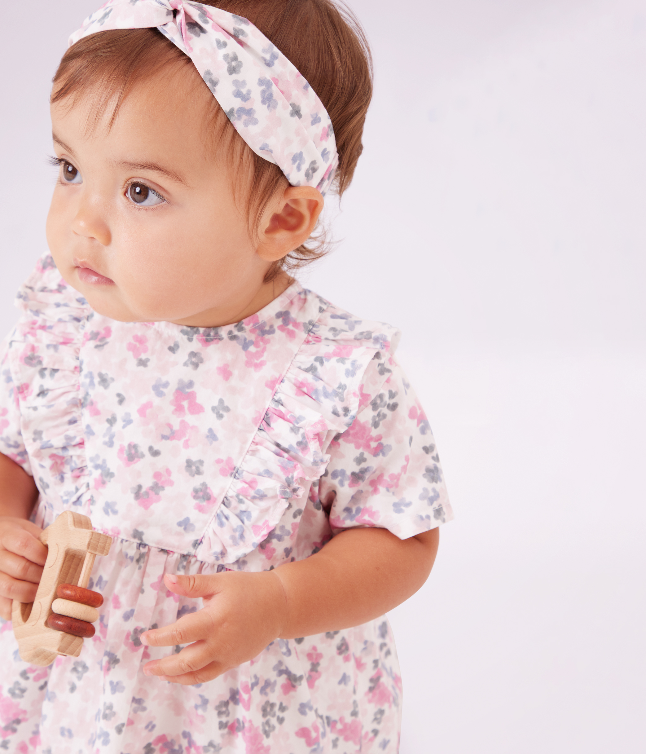 Babies' short-sleeved printed cotton dress with matching bloomers