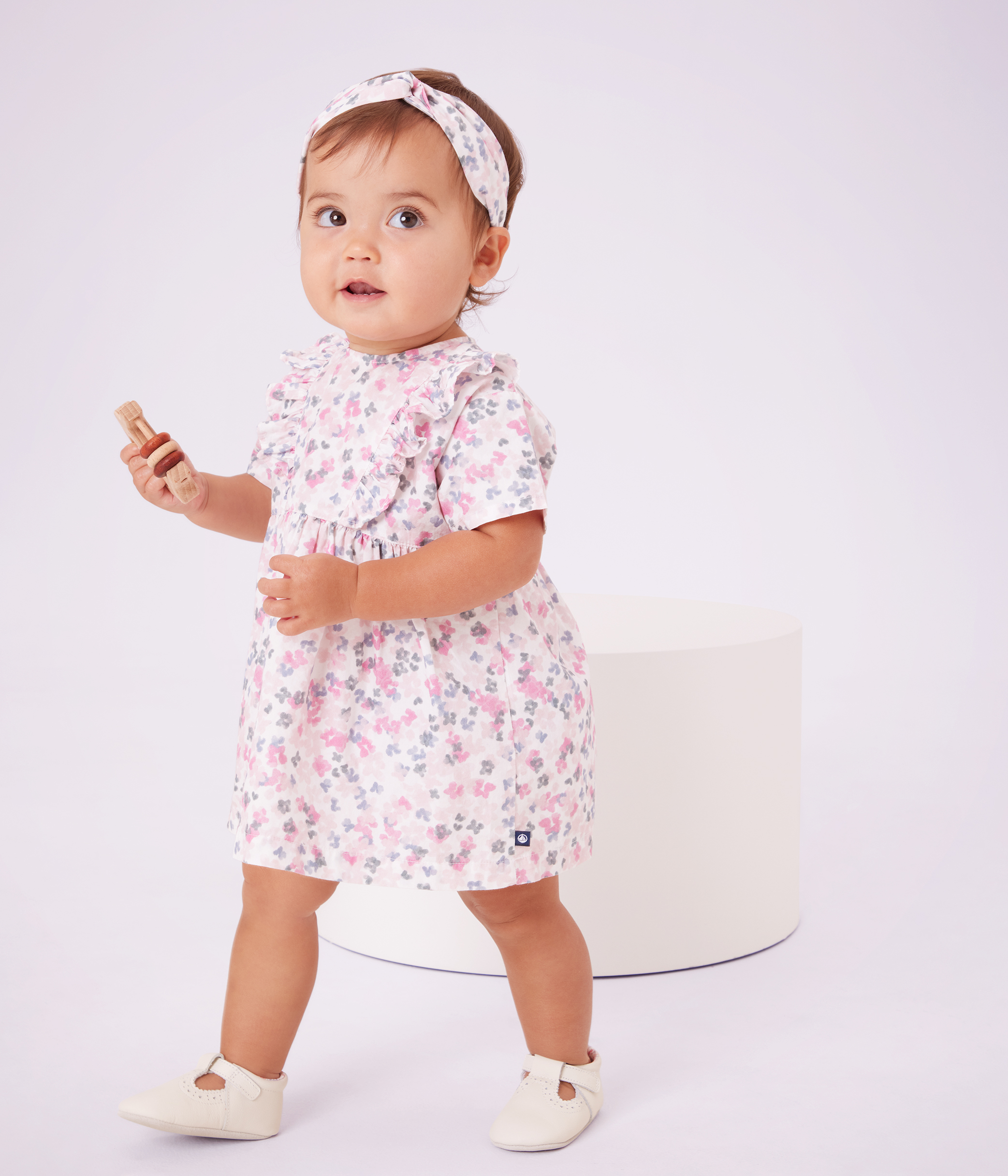 Babies' short-sleeved printed cotton dress with matching bloomers