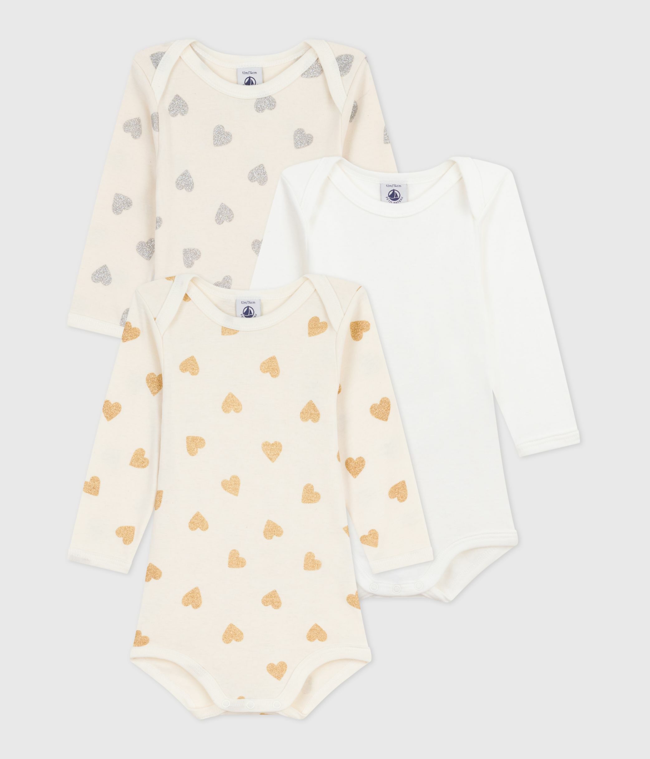 Pack of babies' long-sleeved sequinned heart-print cotton bodies
