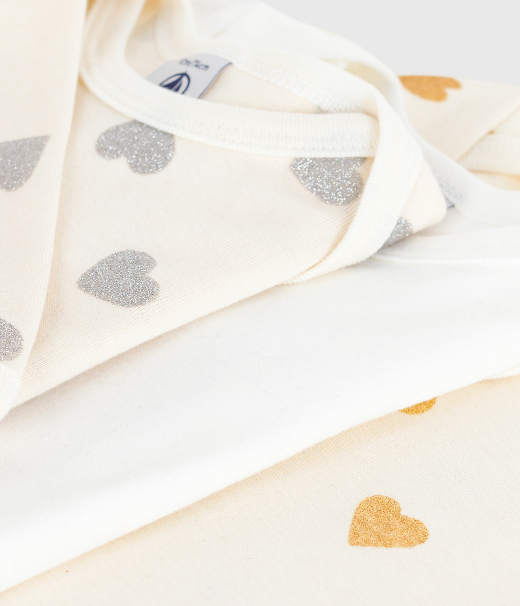 Pack of babies' long-sleeved sequinned heart-print cotton bodies