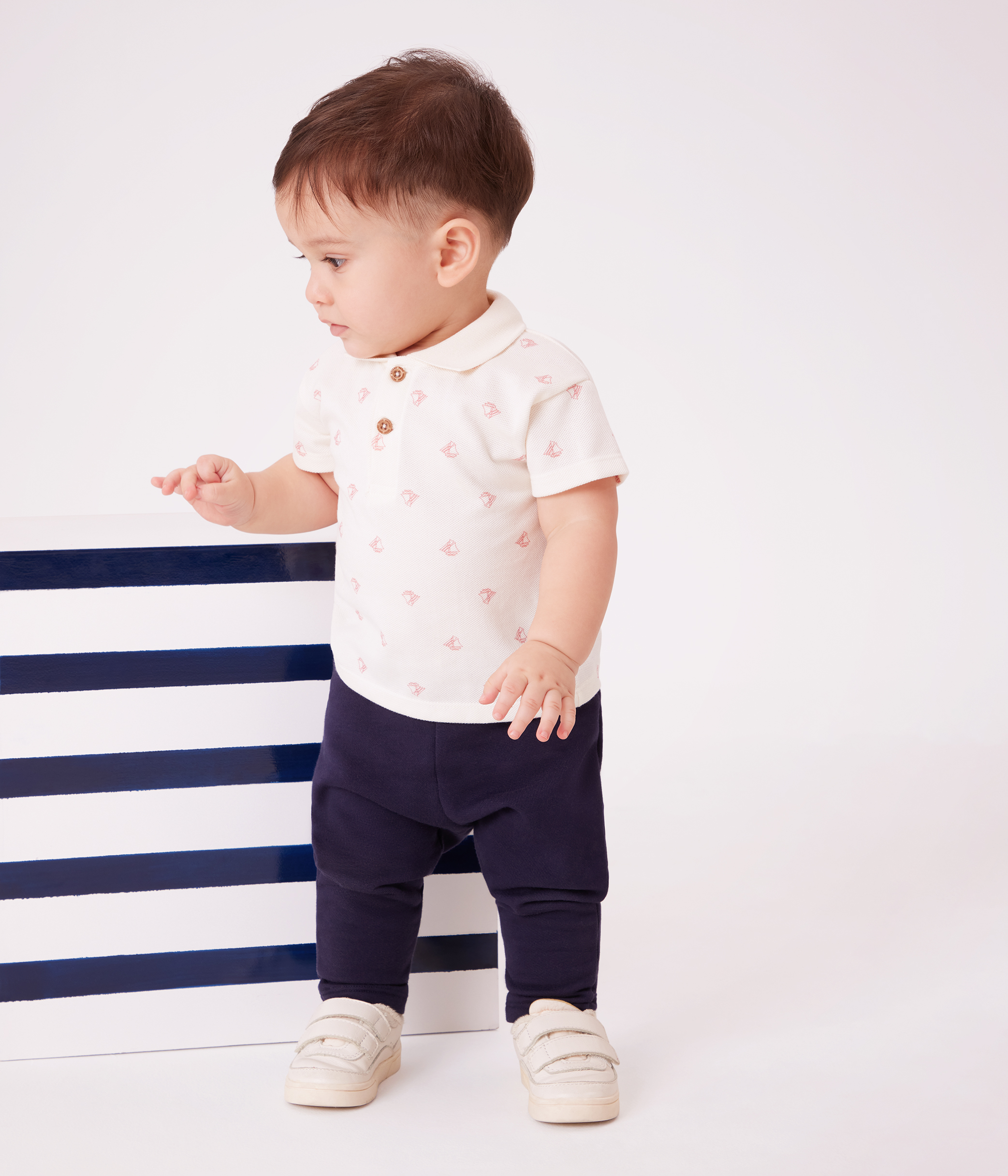 Babies' short-sleeved cotton polo shirt printed with vintage boats