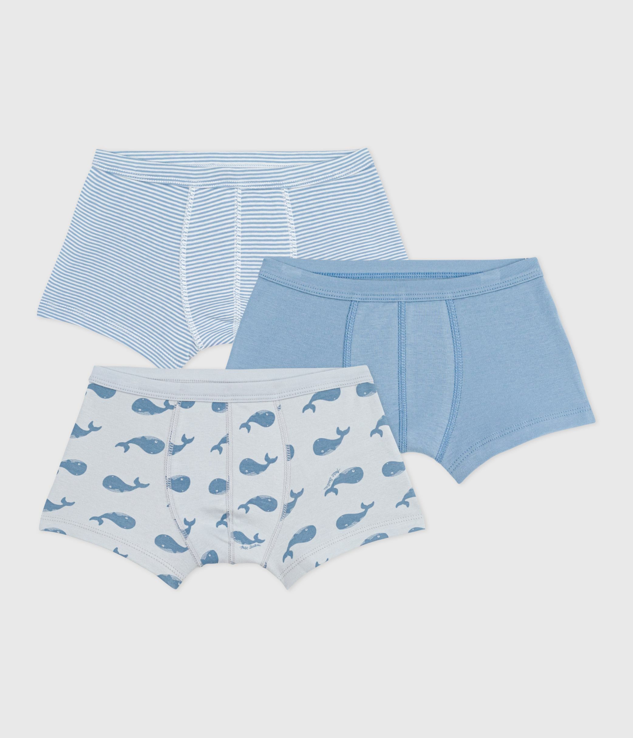 Pack of children's whale-print cotton boxers with covered waistbands
