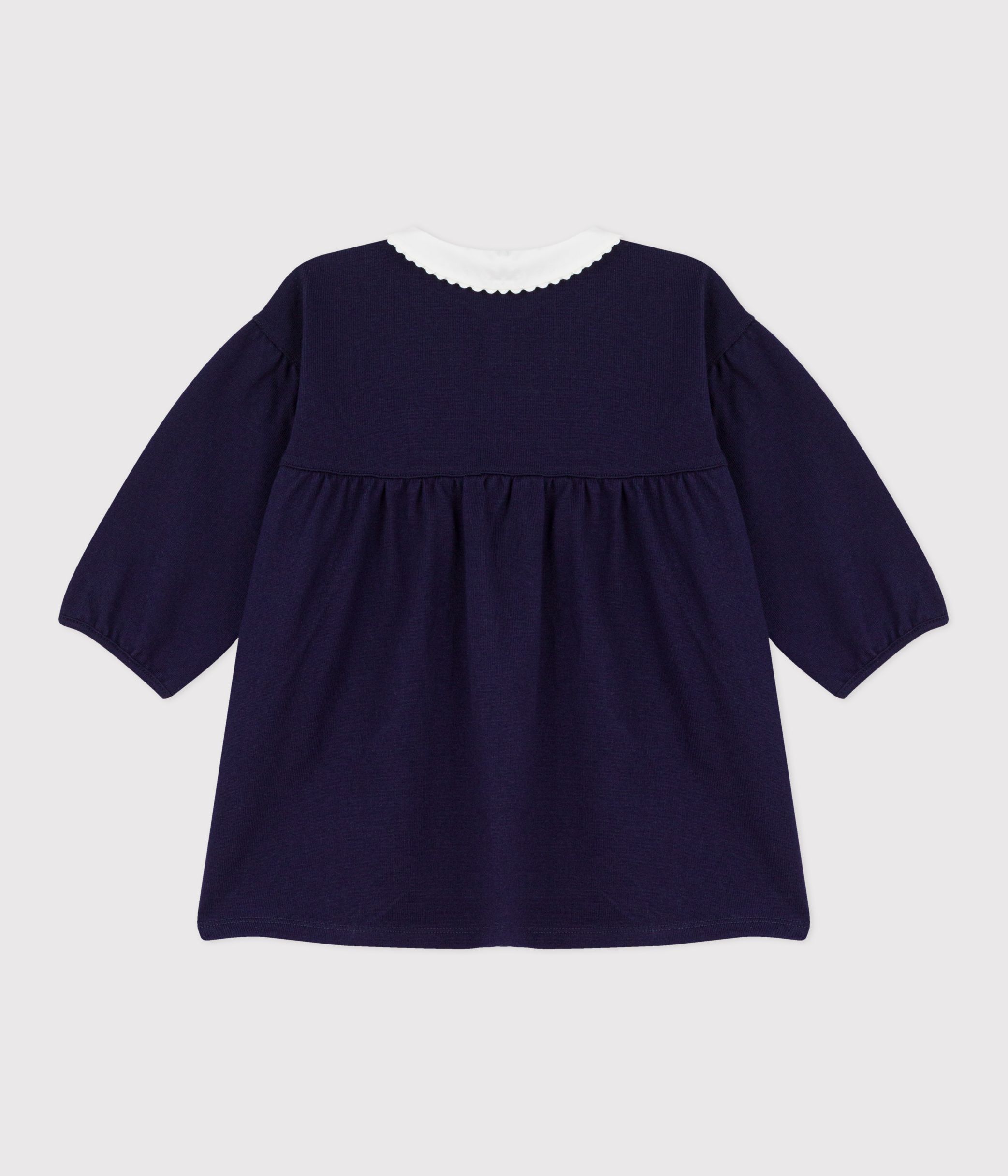 Babies' long-sleeved plain cotton dress with embroidered details on the collar