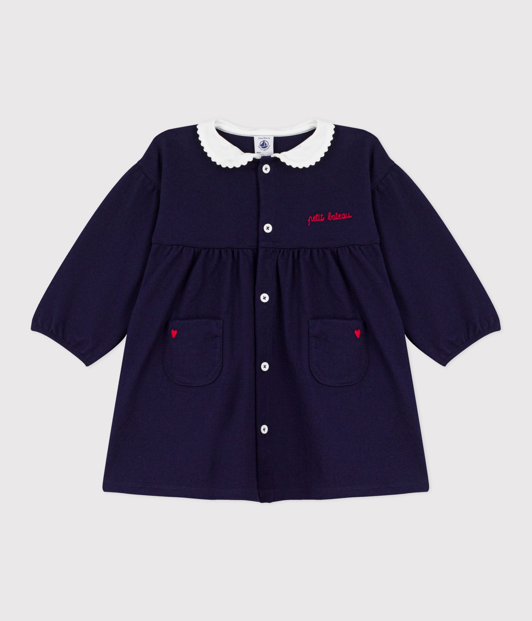 Babies' long-sleeved plain cotton dress with embroidered details on the collar