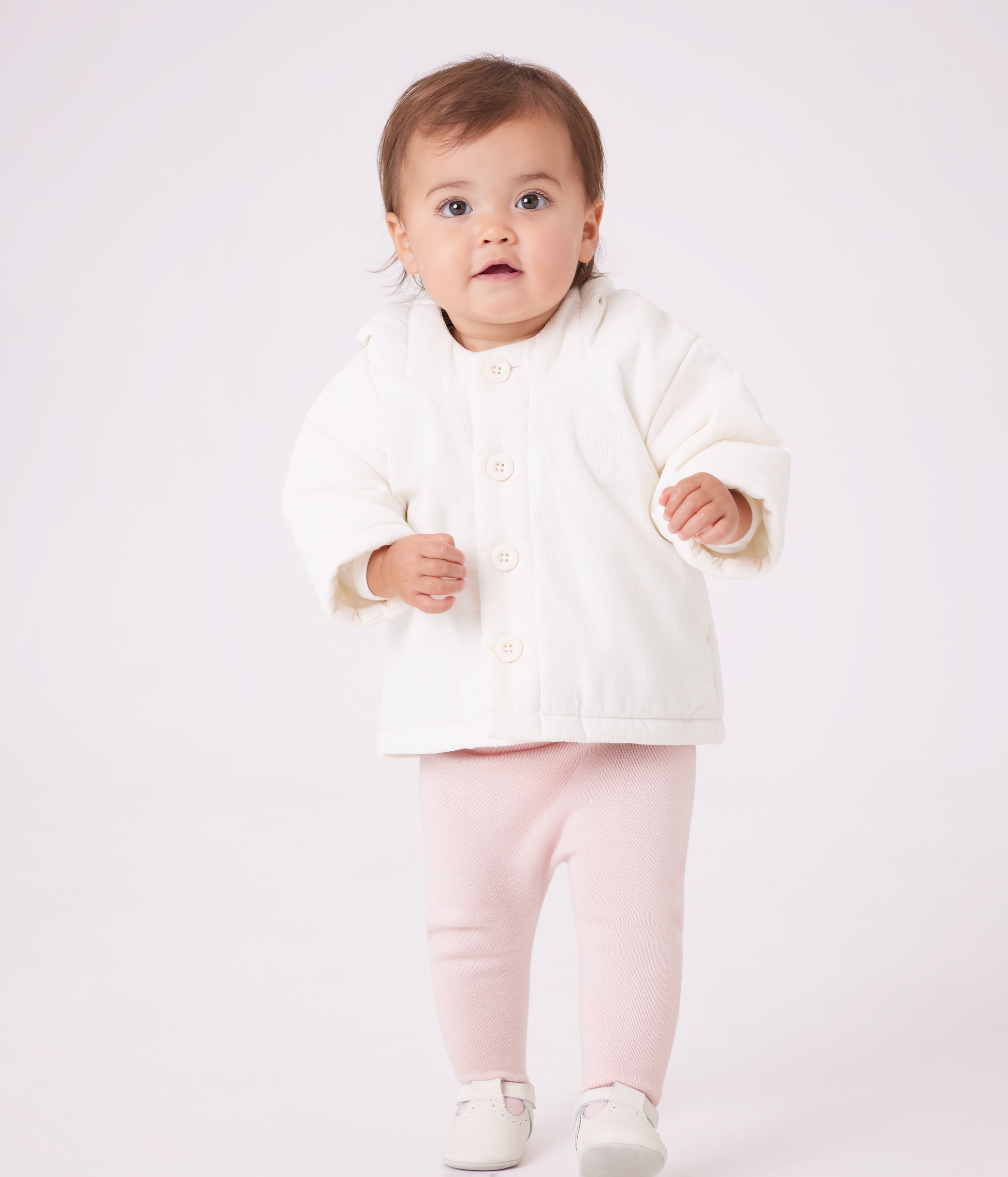 Babies' padded jacket in embroidered velour with a pinstriped lining