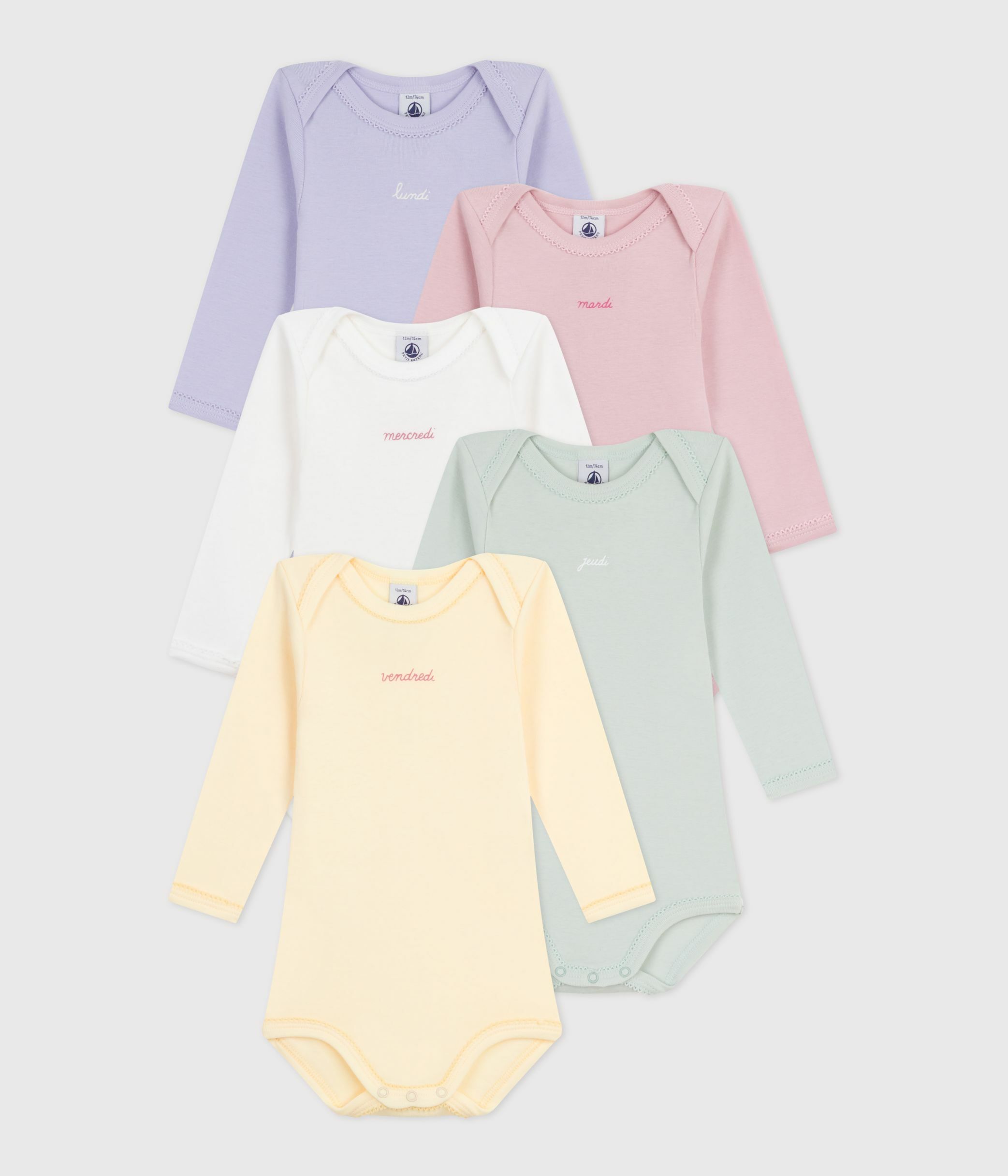 Pack of long-sleeved days of the week cotton bodies for babies