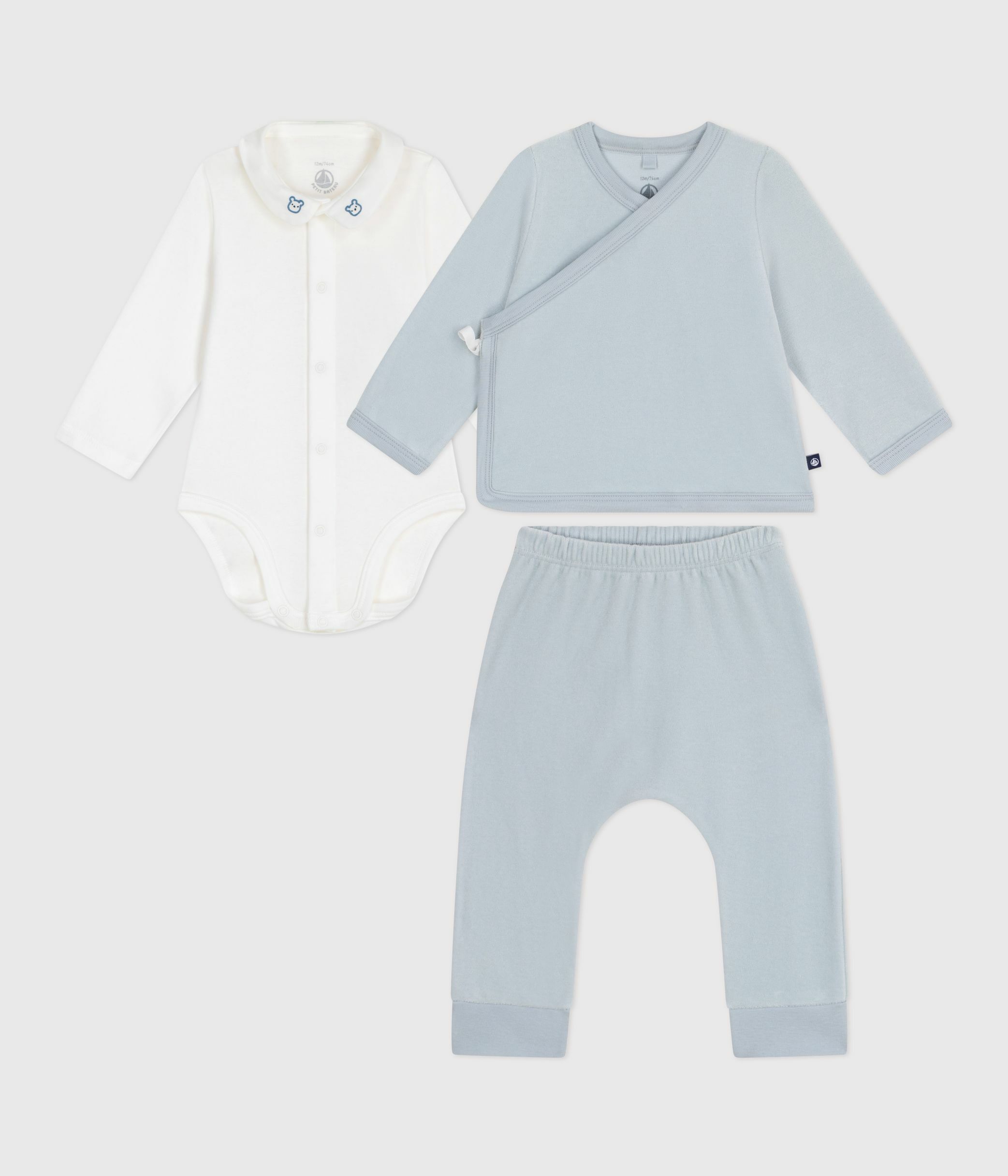 Babies' 2-piece velour gift set, the body embroidered with a bear