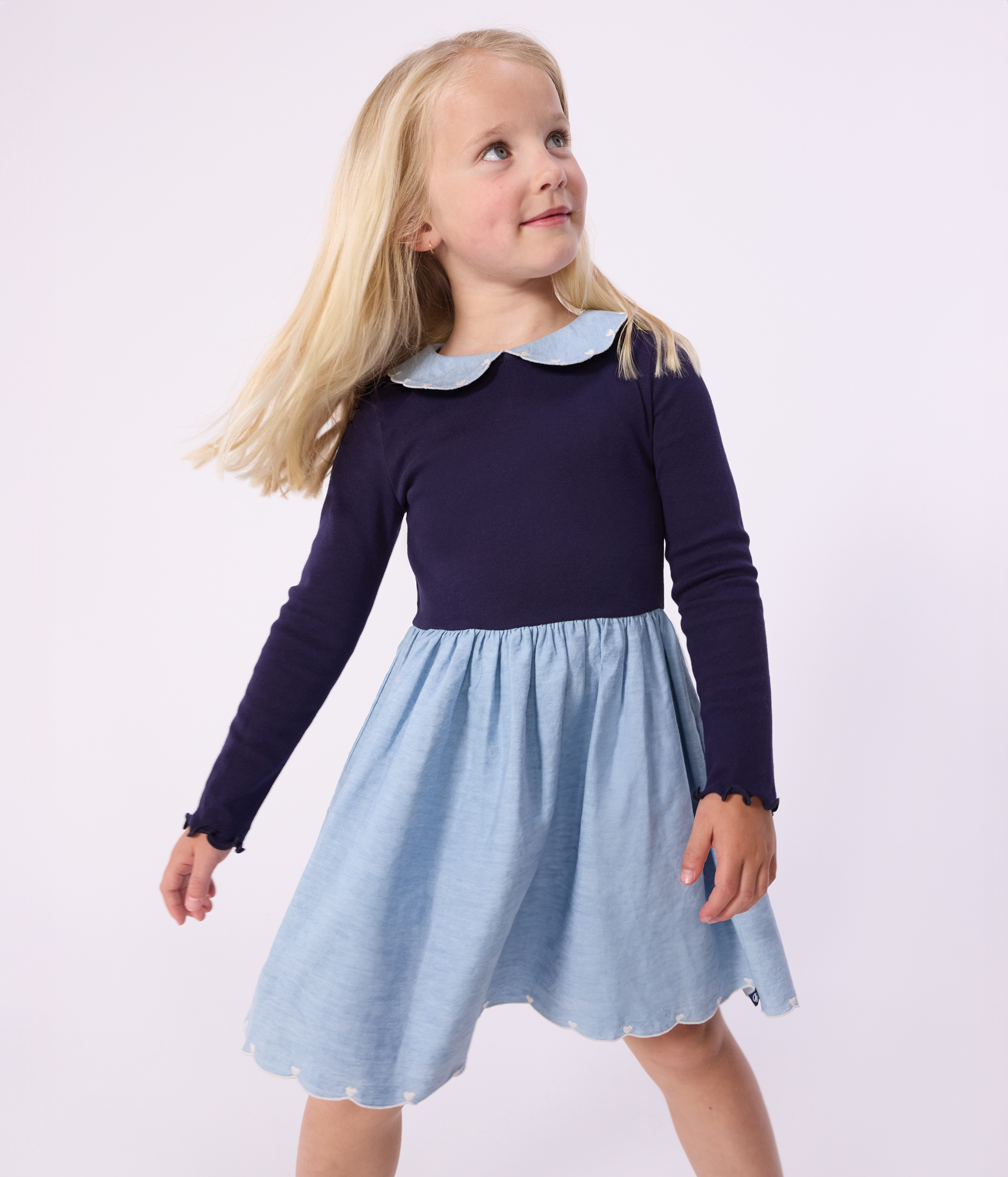 Girls' long-sleeved cotton dress in two materials