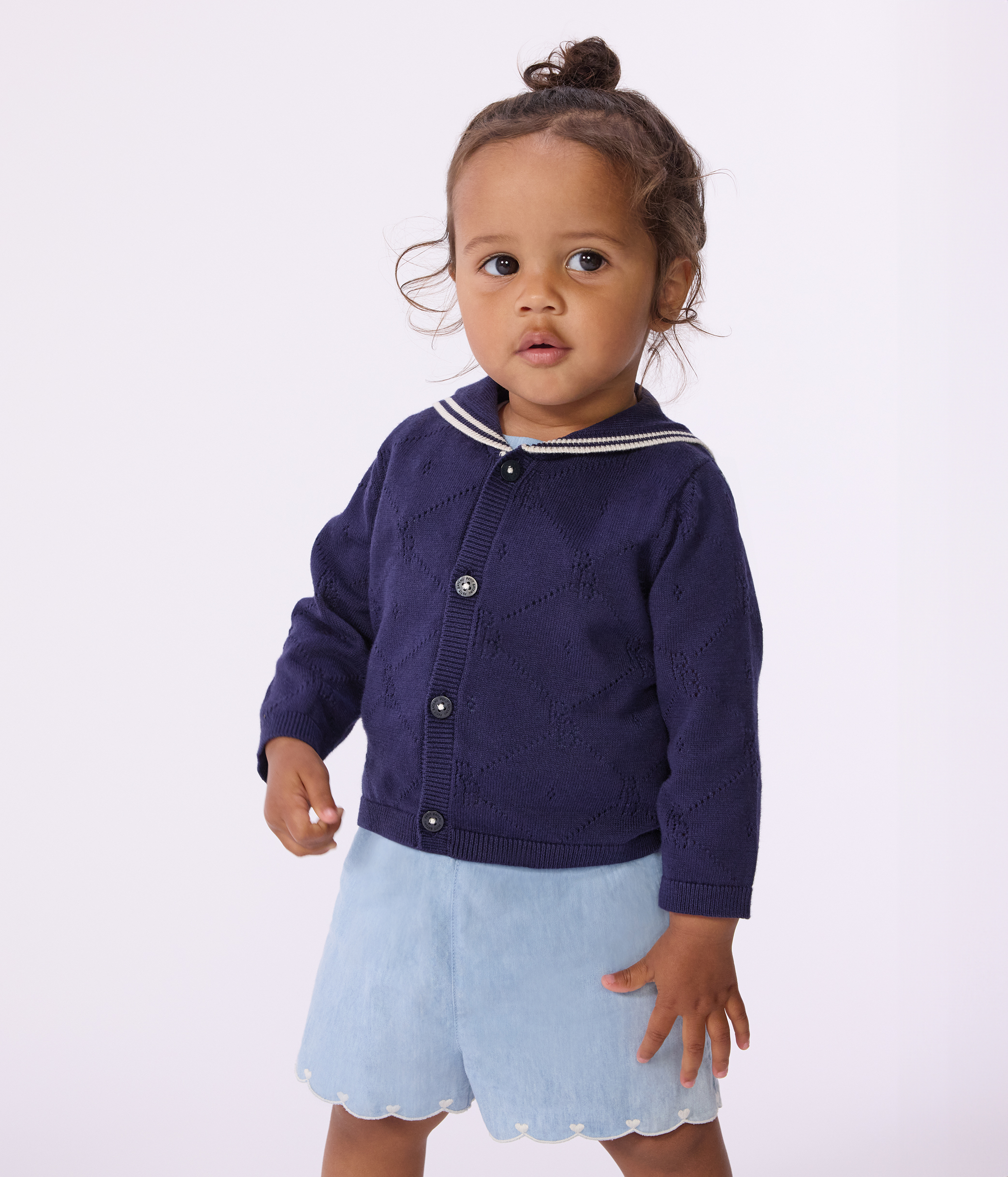 Babies' openwork cotton cardigan with a sailor collar