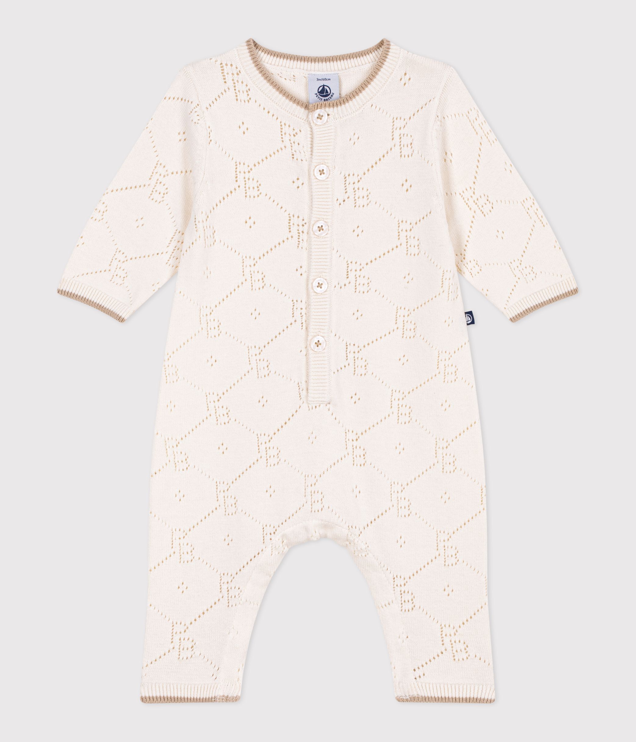 Babies' long openwork knit cotton playsuit