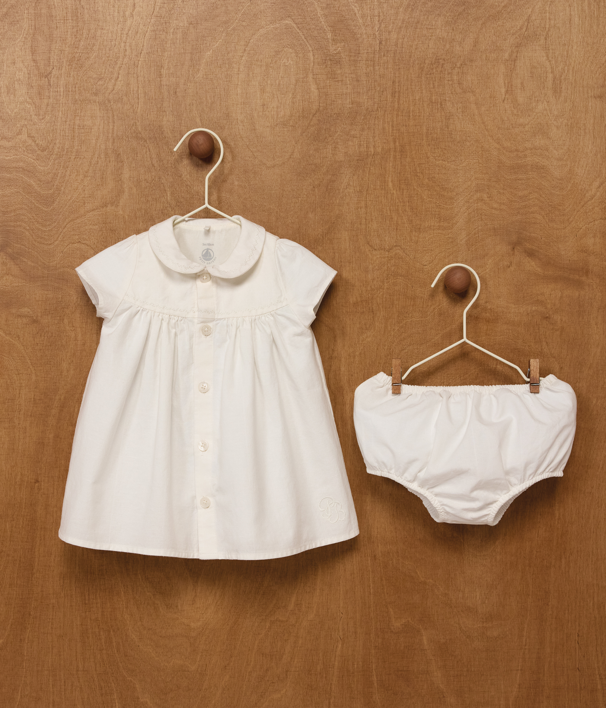 Cotton/linen baby dress with  matching bloomers, with embroidered detail