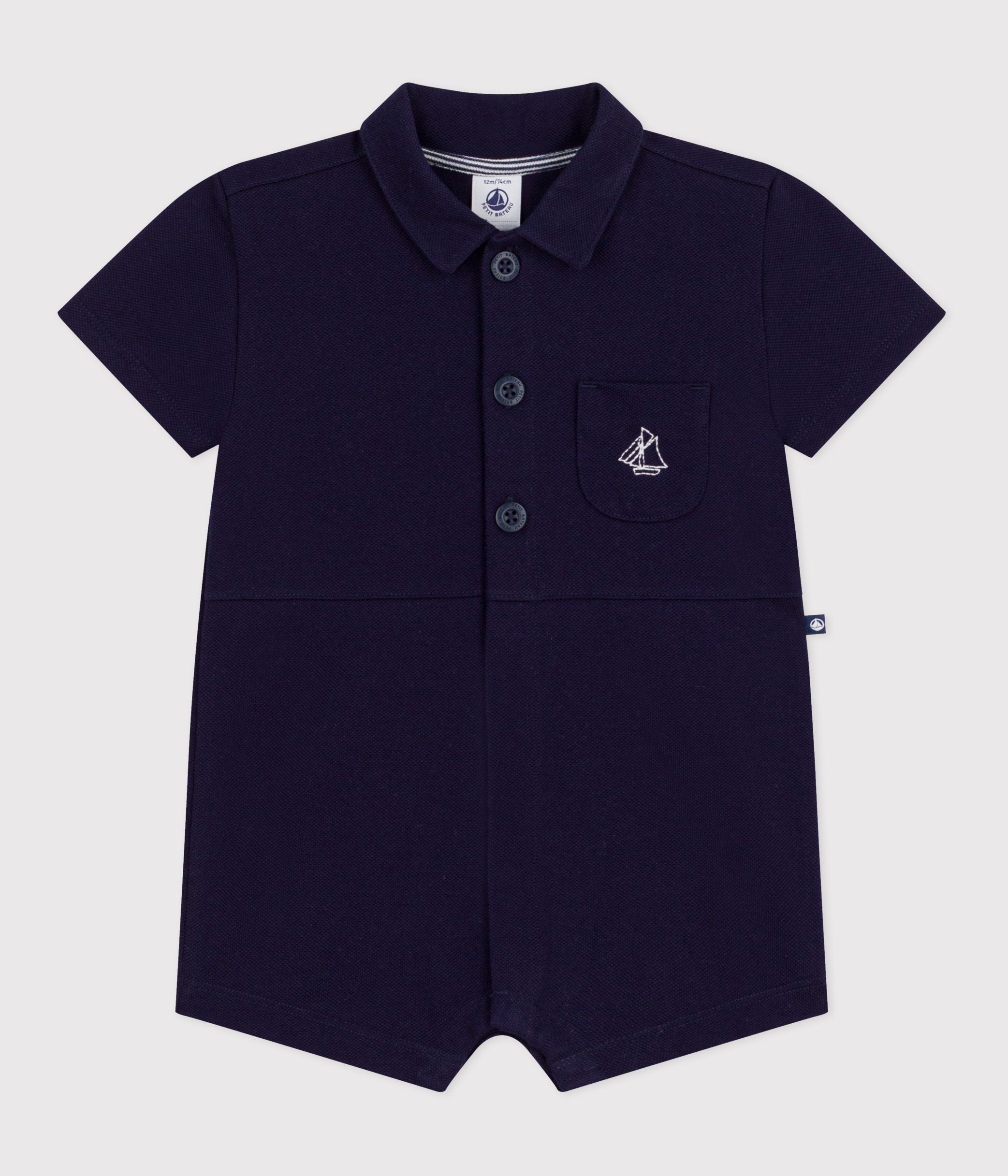 Babies' short plain cotton jumpsuit with a polo collar