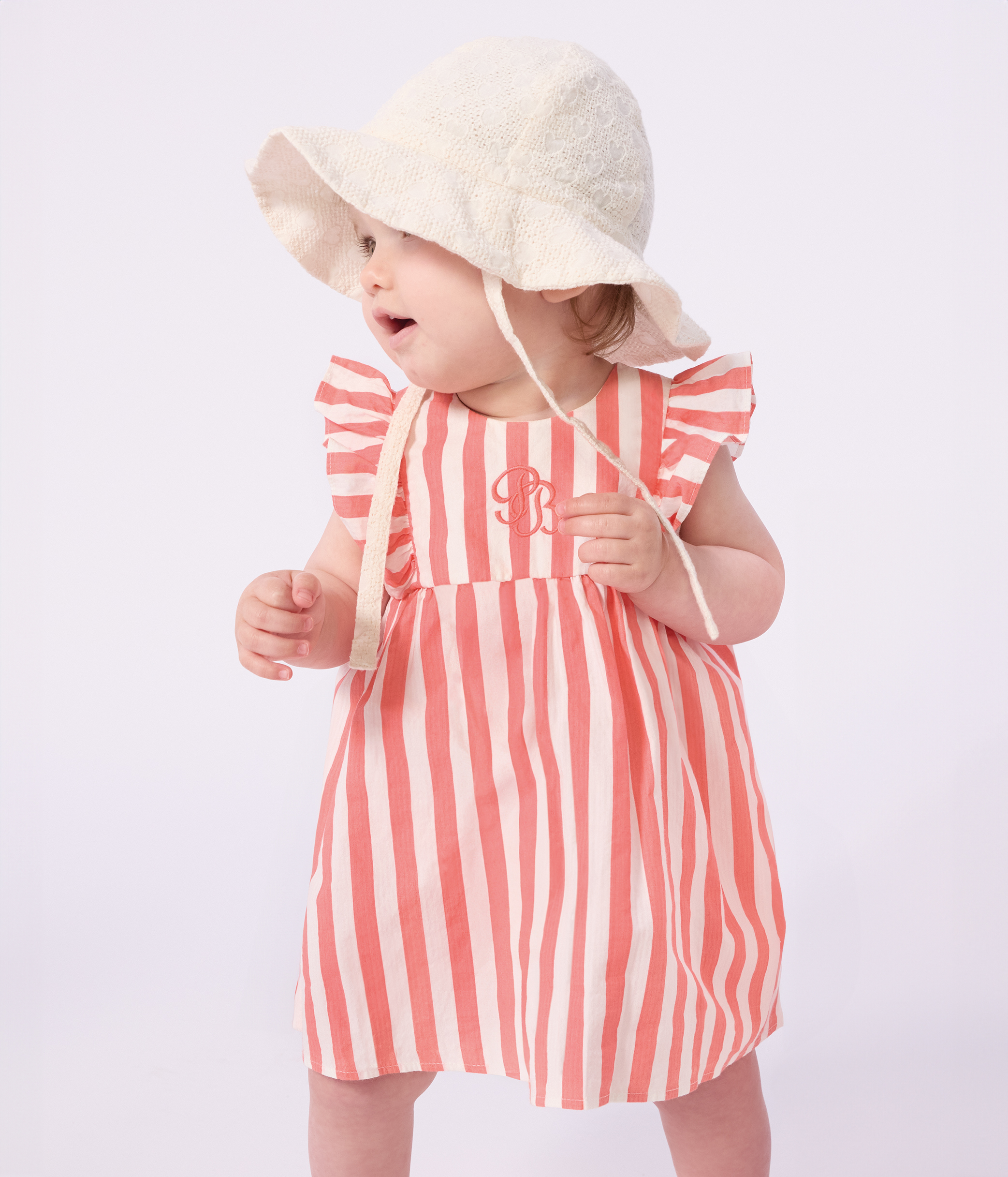 Babies' sleeveless cotton dress with stripy bloomers