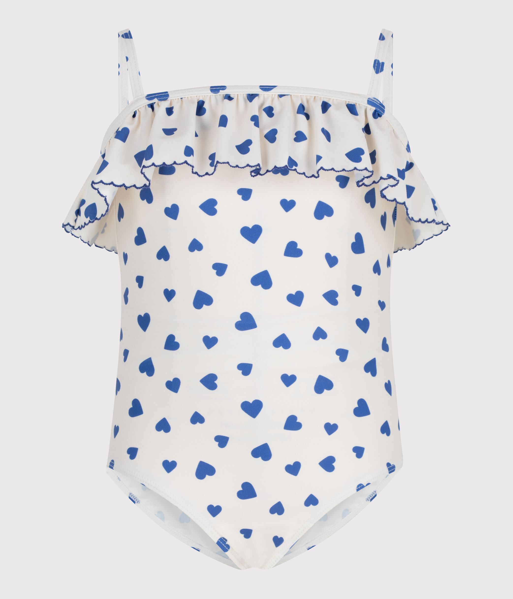 Children's one-piece heart print ruffled swimsuit.