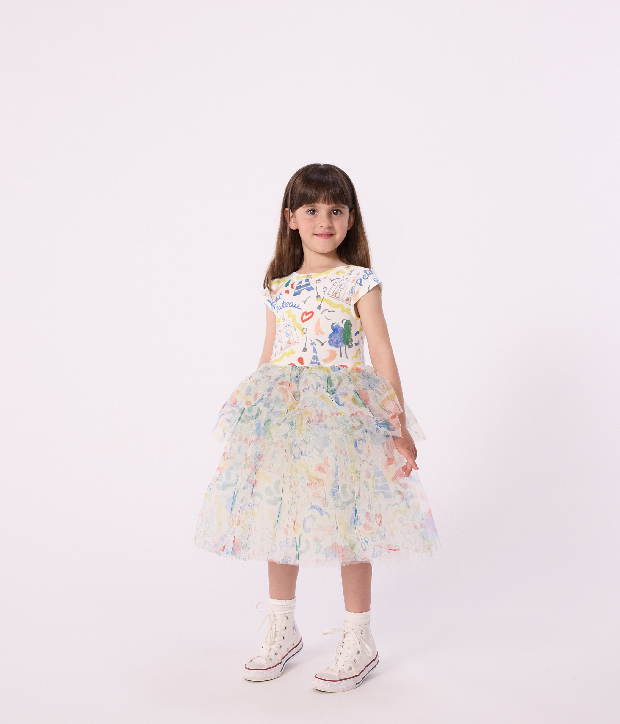 Children's short-sleeved dress in printed cotton and tulle