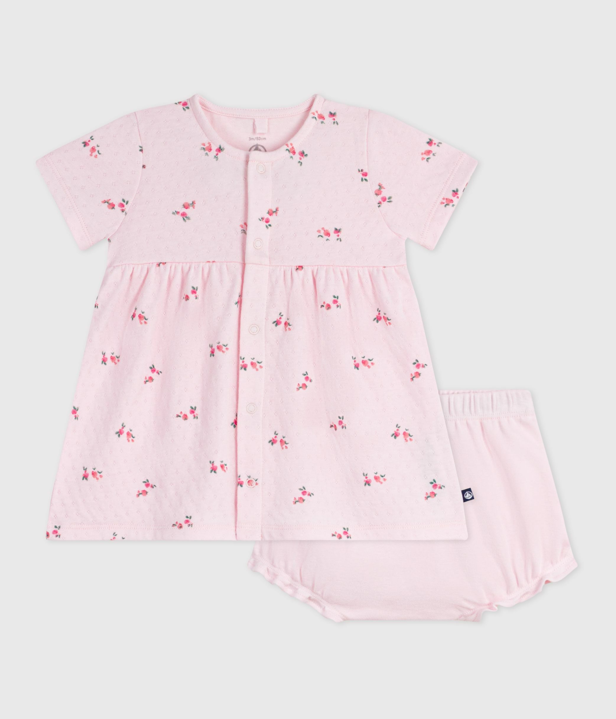 Babies' flower-printed cotton dress with matching bloomers