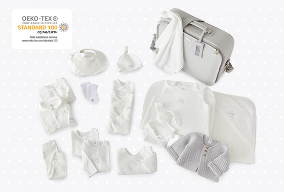 Maternity suitcase essentials labeled with Oeko-Tex certification
